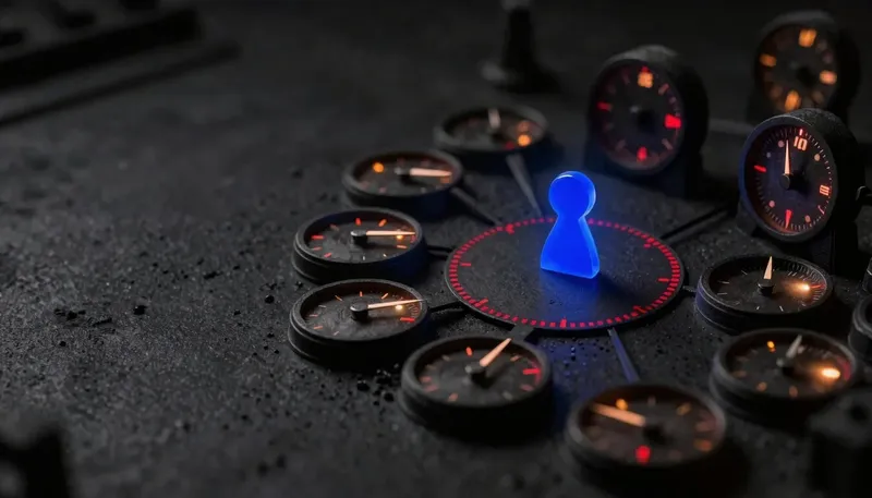A figure monitors a bank of brass gauge dials near their red zones around a central glowing blue model token, illustrating the ongoing oversight of risk from deployed AI models.