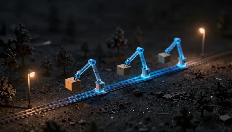 A miniature relay loop of three glowing blue arms passing one parcel hand to hand along a shared rail, showing several AI agents working one task together.