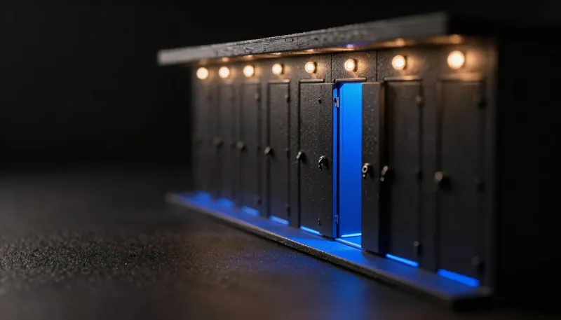 A miniature self-storage hall of locked units sharing one corridor, the corridor built in glowing blue acrylic, showing one system serving many customers who can never see into each other's space.
