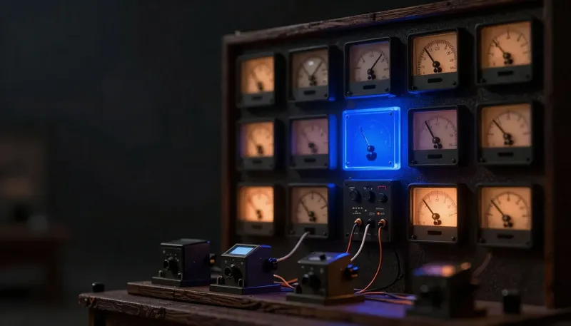 A miniature wall of gauges and chart recorders watching one running machine, the central instrument panel in glowing blue — observability made physical.