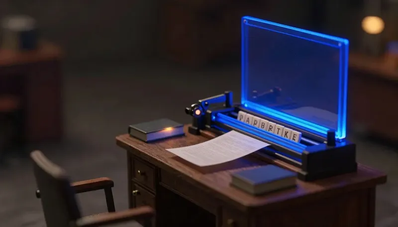 A miniature copy desk turning a printed page into separate character tiles as it passes under a scanning lens, the lens built in glowing blue acrylic, showing a picture of text becoming searchable text.