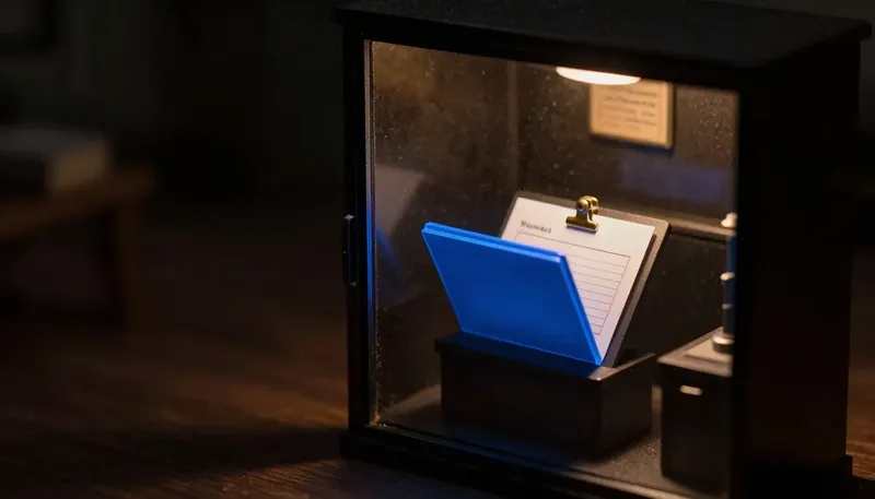 A miniature clinic file with a health tab riveted to a name tab, the rivet built in glowing blue acrylic, showing how health data becomes protected the moment it is tied to a person.