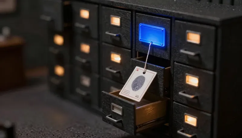 A miniature filing drawer with a fingerprint card threaded to a nameplate, the thread built in glowing blue acrylic, showing information that always leads back to one person.