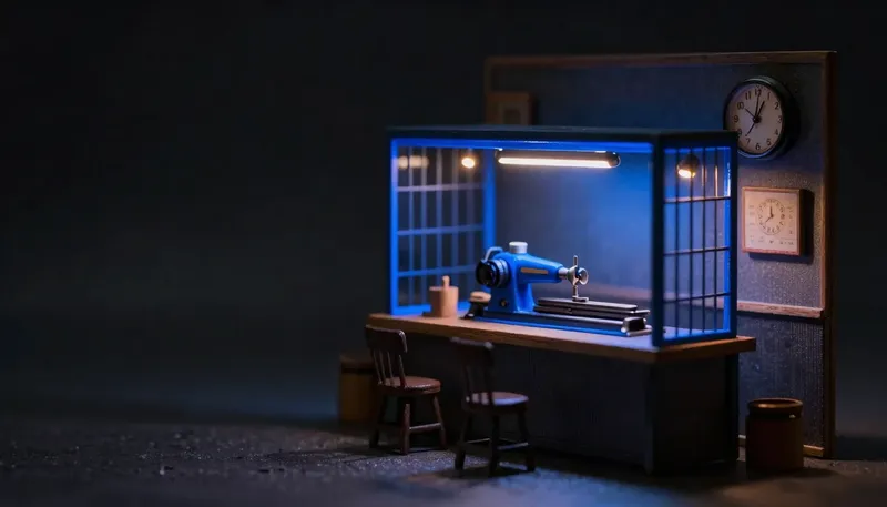 A miniature machine shop with one lathe still running safely under its own cage while everything else sits dark, the lathe built in glowing blue acrylic, showing a system that keeps working when nobody is watching.