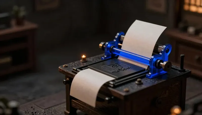 A miniature printing bench with a fixed engraved plate reused on every pass, the plate built in glowing blue acrylic, showing the unchanging part of a prompt paid for only once.