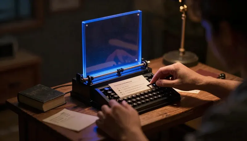 A miniature typesetting tray arranging letter blocks into one instruction plate, the tray built in glowing blue acrylic, showing the craft of writing an instruction well.