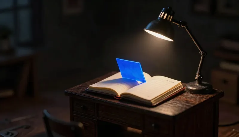 A miniature reading desk with a hidden note tucked inside an open ledger's lines, the reading arm built in glowing blue acrylic, showing instructions smuggled inside the data a model reads.