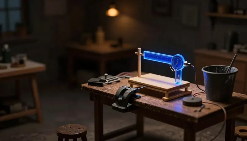A miniature rough test rig clamped in a vice next to a wastebin, its one working gauge built in glowing blue acrylic, showing something built only to answer one question, not to keep.