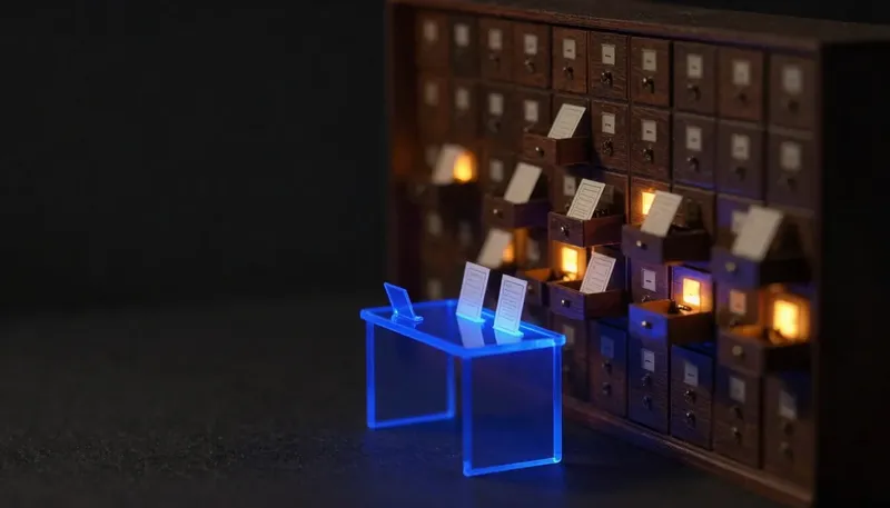 A miniature library where a conveyor pulls cards from index drawers to a reading desk before any answer is given, the conveyor built in glowing blue acrylic, showing a system that checks the documents first.
