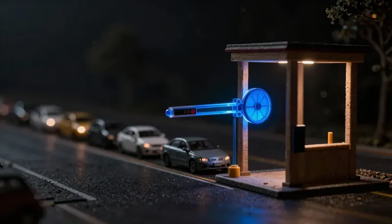 A miniature tollbooth gate letting cars through one at a time with a counter wheel ticking beside it, the gate built in glowing blue acrylic, showing a system capping how fast requests can come in.
