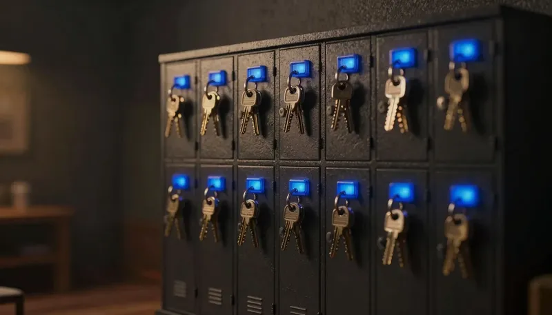 A miniature keyring board with keys hung by job role instead of by name, the board built in glowing blue acrylic, showing permissions that belong to a role, not a person.