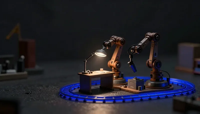 A miniature arm looping between a reasoning desk and an acting station on a glowing blue track — the ReAct think-then-act cycle.