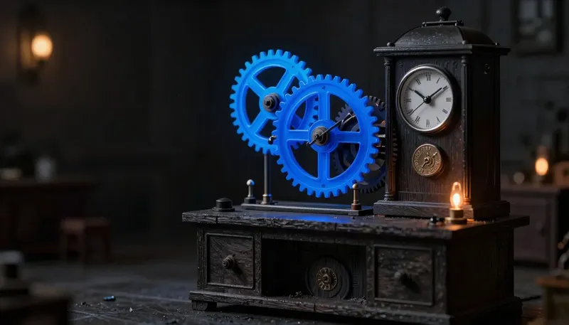 A miniature clockmaker's bench where a long gear train turns many extra cogs before driving one hand, the gear train built in glowing blue acrylic, showing a model spending effort on thinking before it answers.