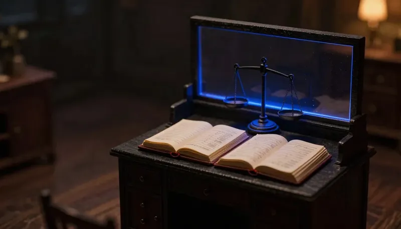 A miniature counting house desk with a balance scale comparing two open ledgers, the scale built in glowing blue acrylic, showing two records of the same money proven to agree.