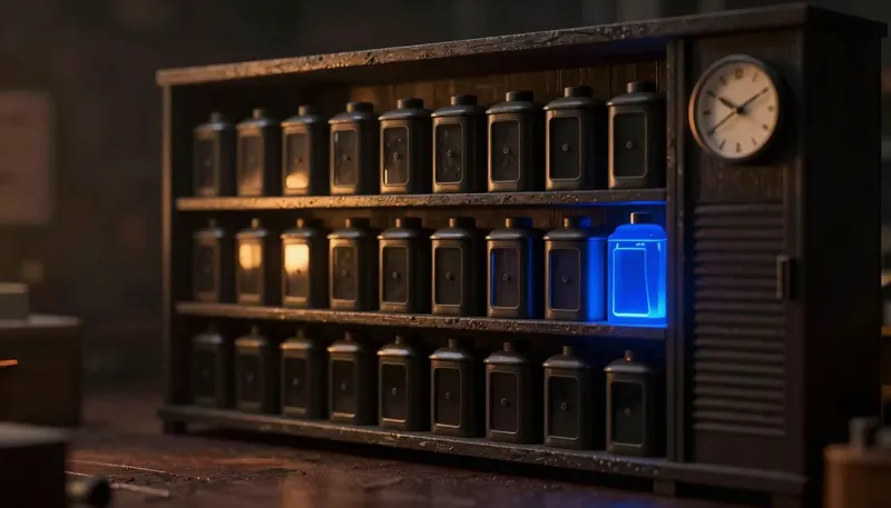 A miniature archive shelf with a gap of empty backup slots between the last saved canister and the clock, the last canister built in glowing blue acrylic, showing how much data could be lost since the last good backup.