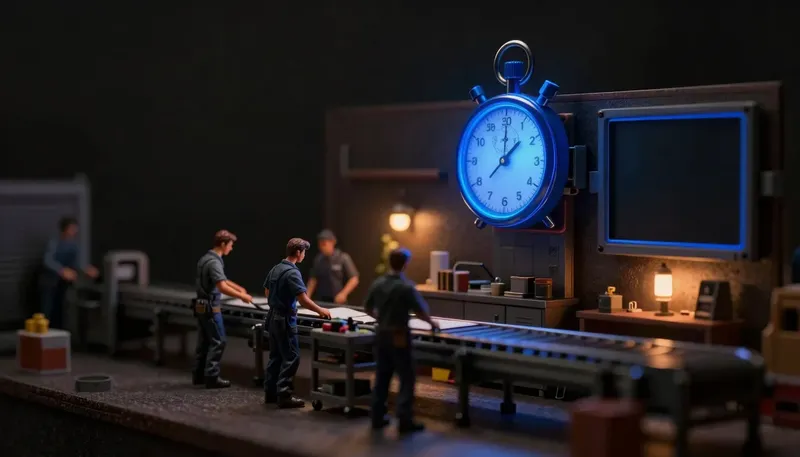 A miniature stalled conveyor line under a large stopwatch with a repair cart waiting, the stopwatch built in glowing blue acrylic, showing the longest a system can stay down before it costs too much.