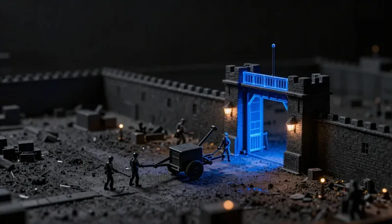 A miniature proving ground where a battering ram cart is wheeled toward the very gate its builders made, the gate built in glowing blue acrylic, showing a system attacked by its own team before anyone else can.