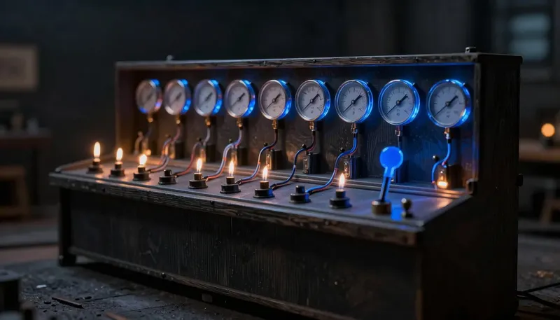 A miniature test bench where nudging one lever fires an entire rack of gauges at once, the lever built in glowing blue acrylic, showing the whole test suite run on every single change.