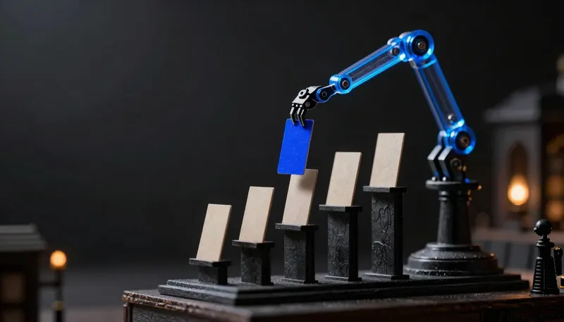 A miniature ranking podium where a glowing blue arm moves a card from fourth place to first — reranking as a physical re-ordering.