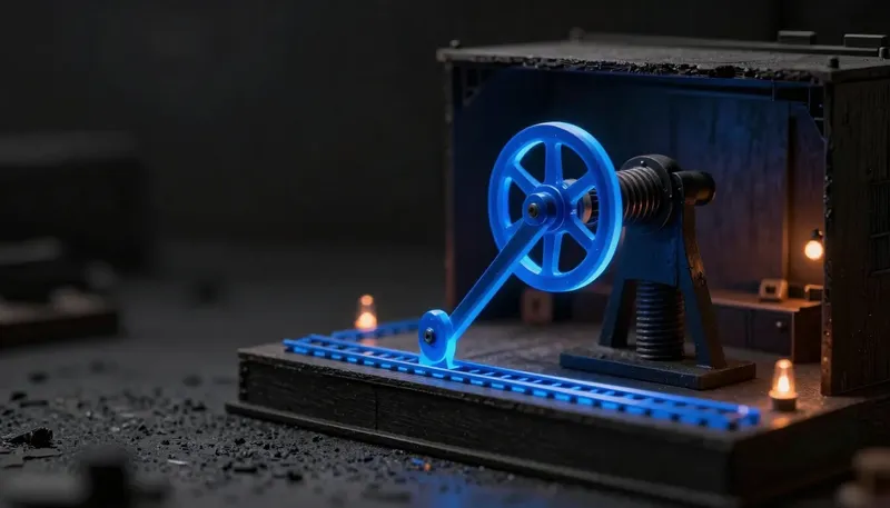 A miniature platform being cranked back down to its previous notch on a glowing blue return rail — a rollback to the last good version.