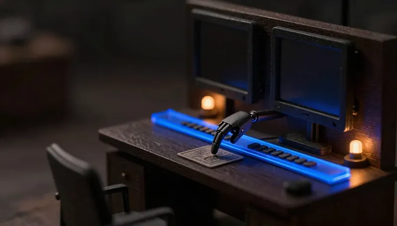 A miniature mechanical finger-arm clicking a fixed sequence of buttons on an old terminal panel, the arm built in glowing blue acrylic, showing automation that clicks through screens the way a person did.