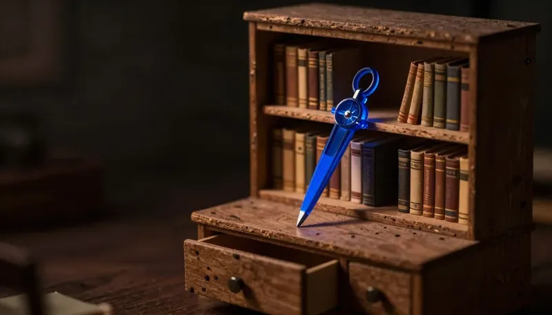 A miniature shut card-catalogue drawer beside a glowing blue compass device pointing to books grouped by meaning, showing semantic search finding ideas instead of exact words.