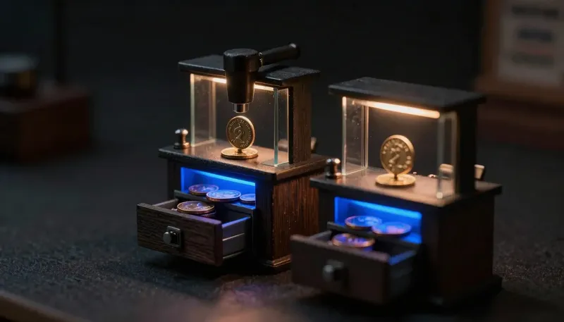 Two miniature bank counters — a coin held under a raised stamp and coins settling into a drawer via a glowing blue chute — authorisation versus settlement.