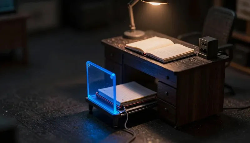 A miniature office desk with a hidden sliding panel running its own wired notebook under the desk, the panel built in glowing blue acrylic, showing staff already using AI tools nobody approved.