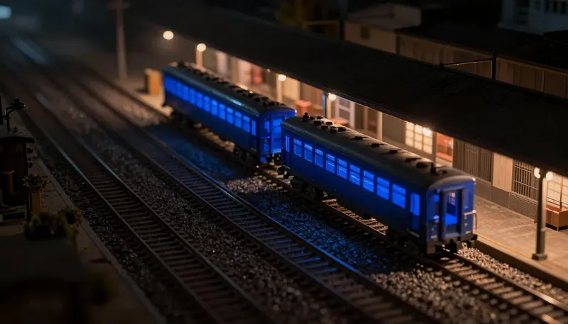 A miniature rail yard with a shadow track running an identical car that never opens its doors, the shadow track built in glowing blue acrylic, showing a new model answering quietly where no one sees it yet.