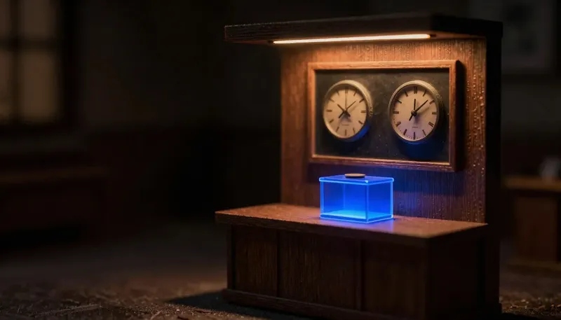 A miniature service counter with a framed contract of two stamped clocks and a penalty coin box beneath them, the clocks built in glowing blue acrylic, showing the written promise about response time and what happens if it's missed.