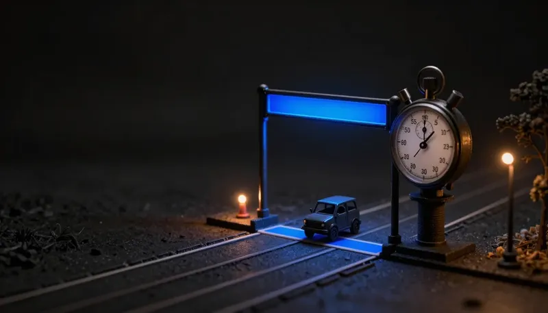 A miniature cart crossing a timed gate with the stopwatch's target band in glowing blue — a service-level objective as a finish line.