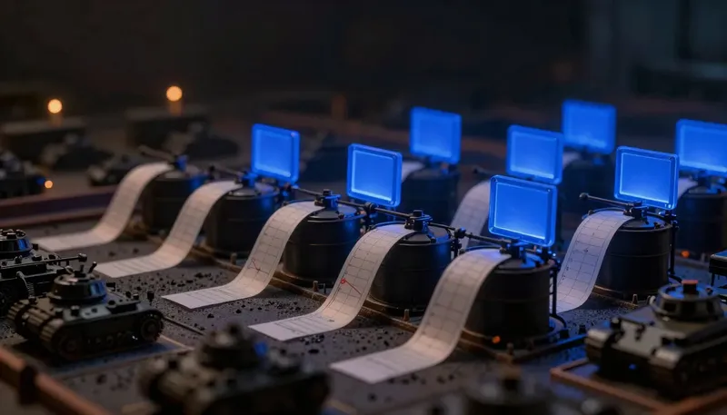 A miniature tank farm chart recorder plotting weeks of ordinary readings with a faint downward trend circled, the recorder built in glowing blue acrylic, showing a leak found only by studying the pattern over time.