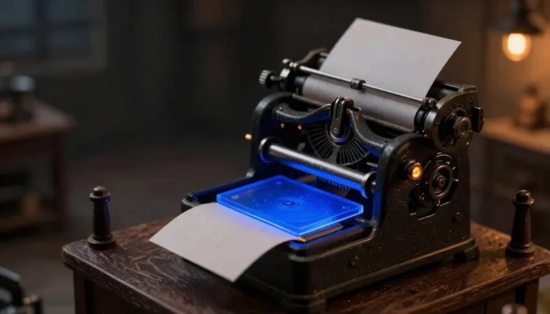 A miniature press with one fixed glowing blue master plate stamping every sheet that passes — the system prompt shaping every response.