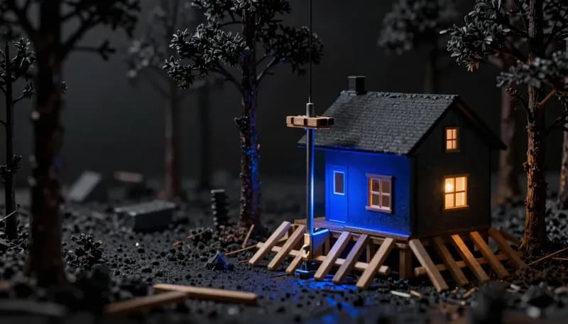 A miniature extension balanced on temporary props, with the one proper glowing blue column being installed — technical debt and its repayment.