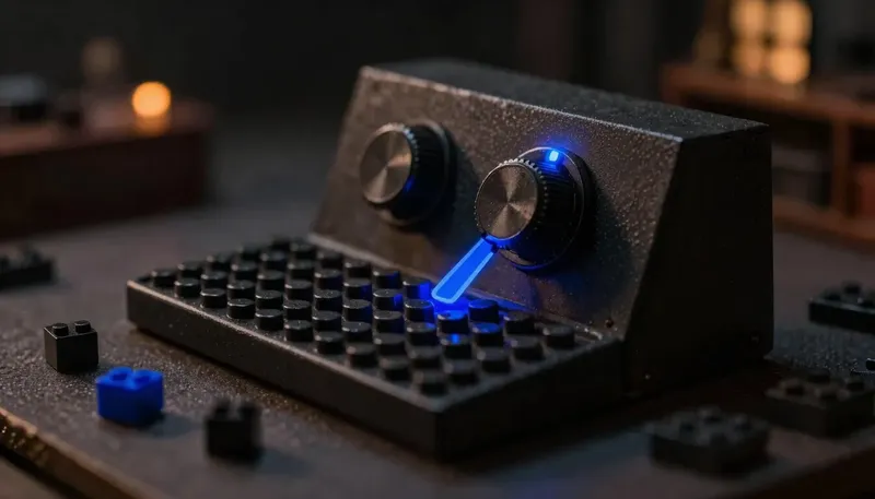 A miniature control dial set between an orderly tray of type blocks and a scattered one, the dial built in glowing blue acrylic, showing the setting that controls how much a model is allowed to guess.