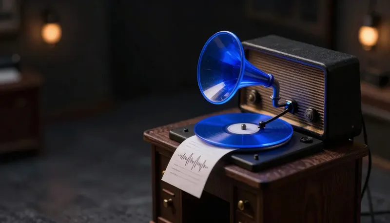 A miniature radio studio horn turning a scrolling script into sound waves etched on a spinning disc, the horn built in glowing blue acrylic, showing the voice half of a voice agent.