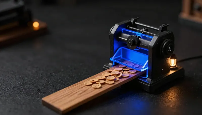 A miniature mint slicing a strip into small counted chips on a glowing blue tray — text broken into tokens.