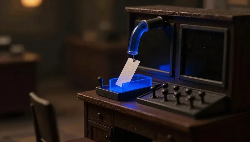 A miniature dispatch desk where a capsule arrives and a single lever is thrown to open one output chute, with that request-and-release mechanism built in glowing blue acrylic, showing how a model's request still passes through a decision before code acts.