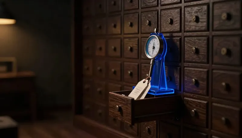 A miniature records room of index drawers with a gauge on a reading stand pointing toward the nearest matching tags, the gauge built in glowing blue acrylic, showing how a vector database finds what is close rather than exact.