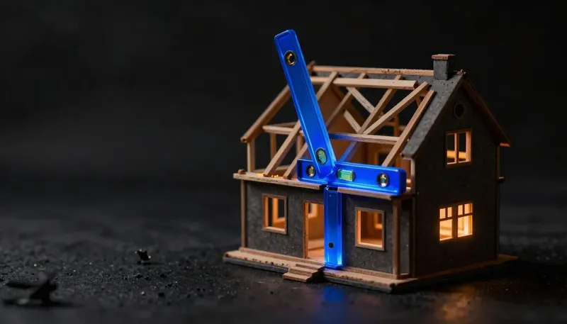 A miniature house half-crisp, half-improvised, with a glowing blue level straightening the seam — vibe coding and what it takes to make it hold.
