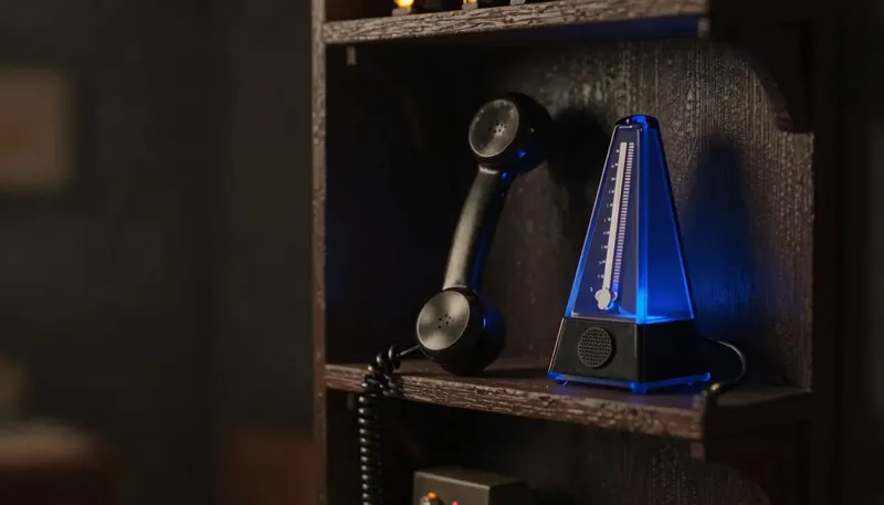 A miniature switchboard with a telephone handset wired to a fast-ticking metronome mechanism, the metronome built in glowing blue acrylic, showing software that answers a call and replies within a tight sliver of time.