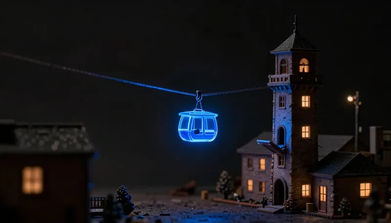 A carrier pod sliding along a glowing blue zip-line from one miniature building's bell to another's open hatch — a webhook delivering its event.