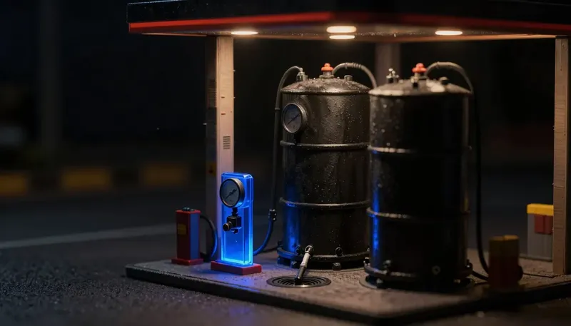 A cutaway miniature fuel station with tank gauges wired to a glowing blue reconciliation meter — wetstock management underground.
