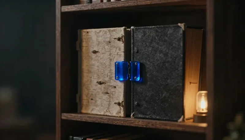A miniature archive shelf with two matching folios, one sealed by a glowing blue clasp, showing the work product doctrine protecting one document from disclosure.