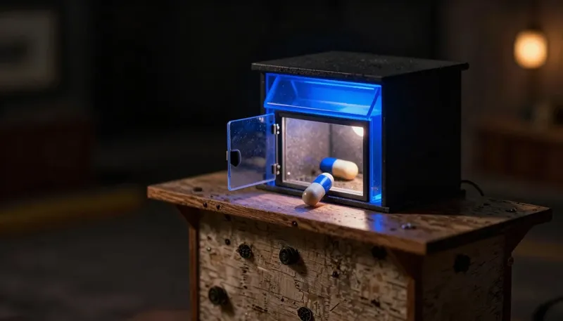 A miniature pneumatic-tube terminal feeding straight into a chute that closes the instant a capsule passes through, the chute built in glowing blue acrylic, showing a provider that keeps nothing after answering.