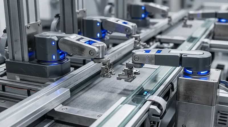 A row of small robotic pick-and-place arms over a shared work surface, each holding a part mid-motion, blue joint indicators.