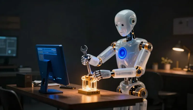 A faceless glass automaton tightens a joint on a glowing agent frame at a bench with an oversized wrench.