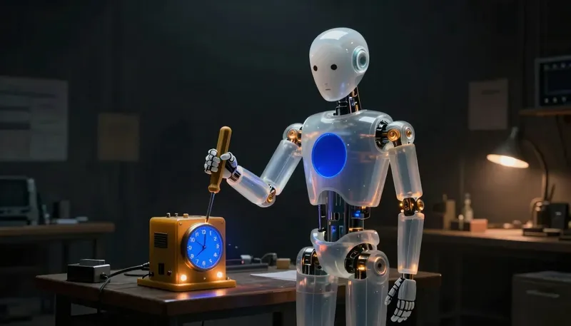 A faceless glass automaton wedges a fail-safe plate into a glowing mechanism beside a cobalt clock stopped at a dead hour.
