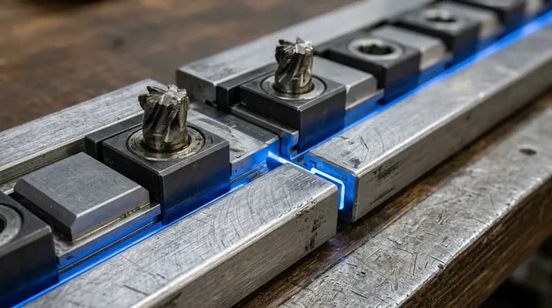 A workshop bench where two matching tool rails meet end to end, one rail's tools seated in the other's empty stations, blue light along the join.