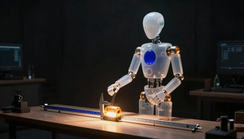 A faceless glass automaton measures a glowing component against a cobalt gauge marked far down the bench.
